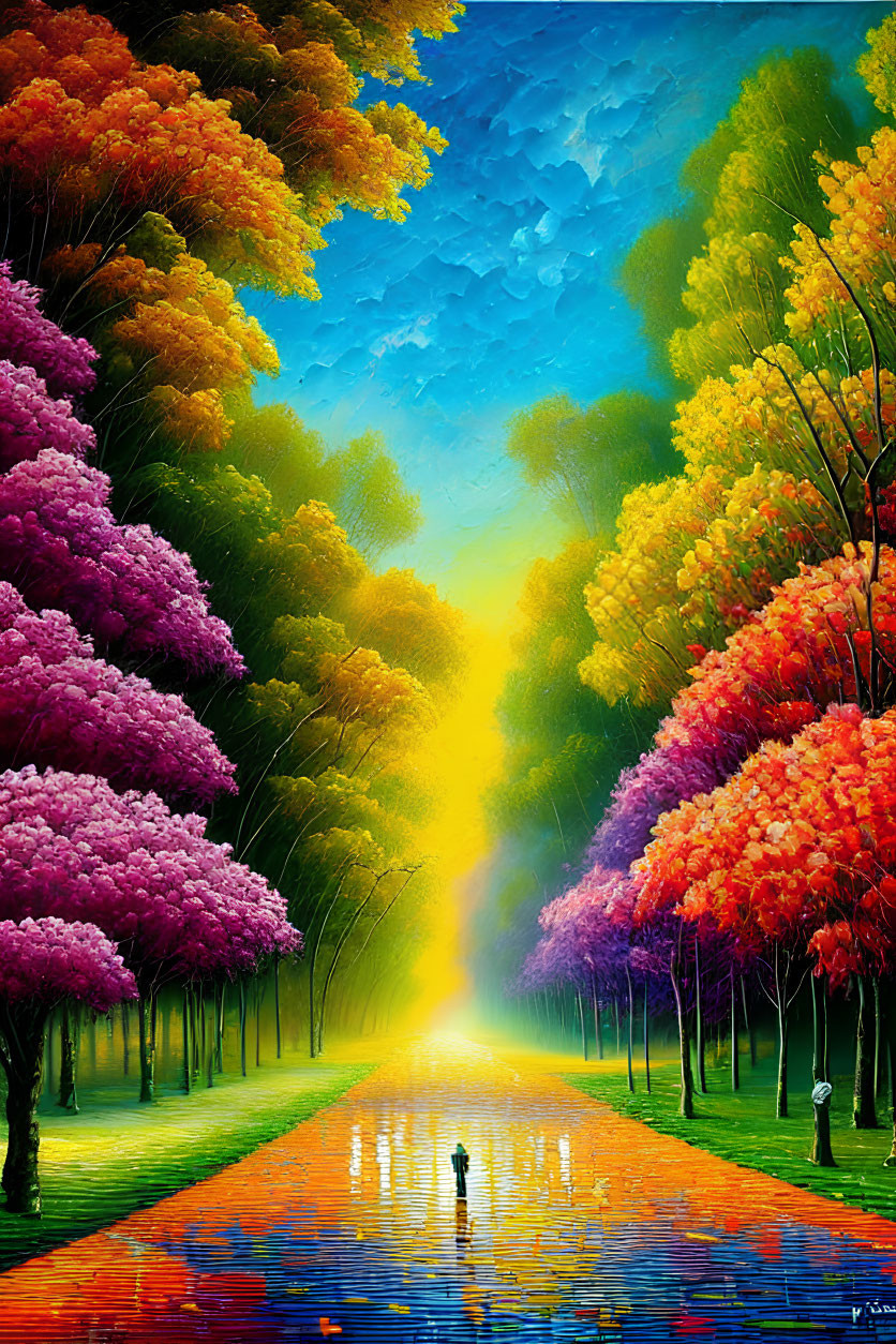 Vibrant painting of person on reflective path with colorful trees under bright sky