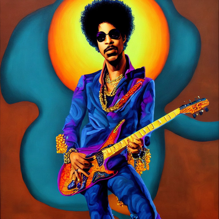 Vibrant portrait of stylish individual with afro, blue outfit, sunglasses, and unique guitar