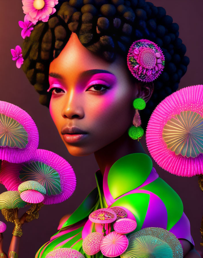 Colorful portrait of a woman with neon makeup and pink accessories