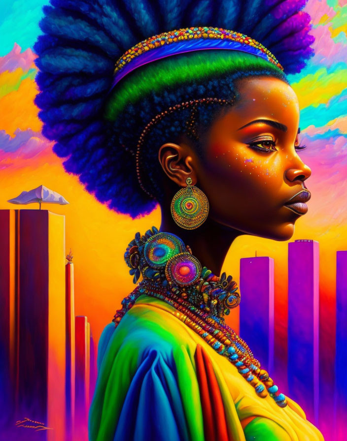 Colorful Afro Woman Portrait in Fantasy City Sunset Palette