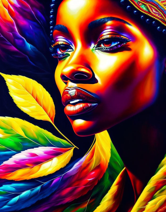 Colorful portrait of a woman surrounded by vibrant leaves