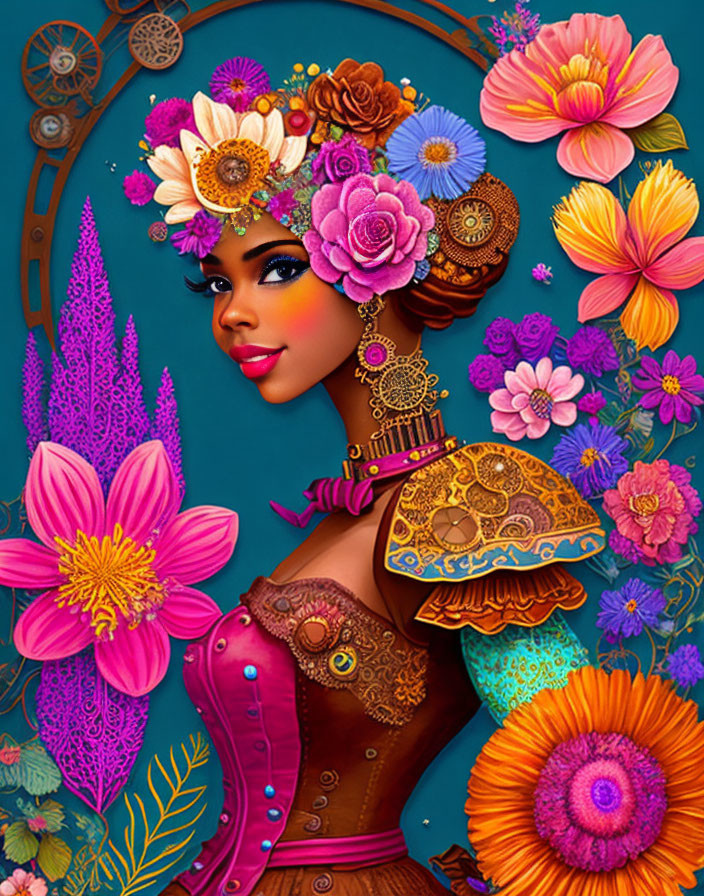 Vibrant woman illustration with floral and mechanical elements