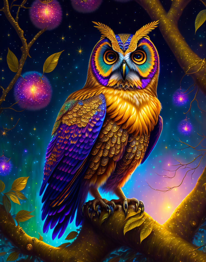 Colorful Owl Illustration with Cosmic Background and Detailed Feathers