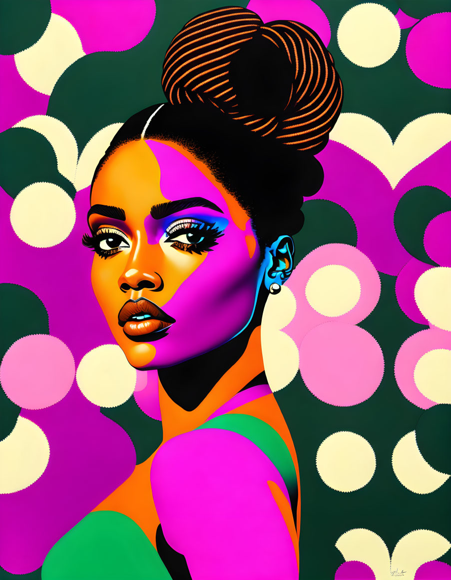 Colorful digital portrait of a woman with striking makeup and high bun hairstyle.