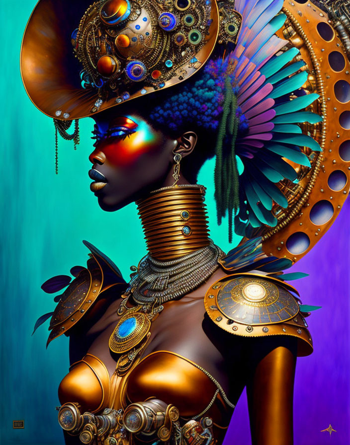 Futuristic woman digital artwork with ornate headdress and vibrant makeup