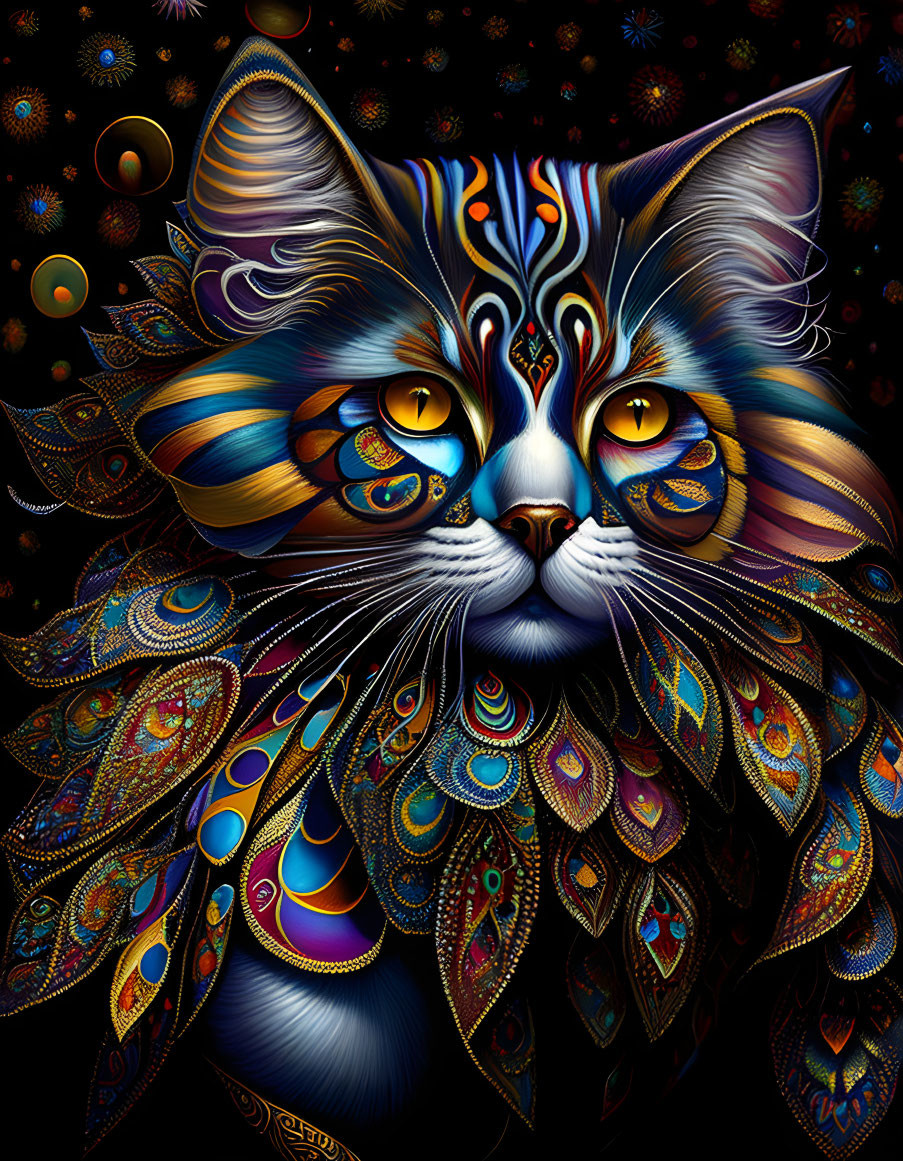 Colorful psychedelic cat illustration with intricate patterns and mesmerizing eyes