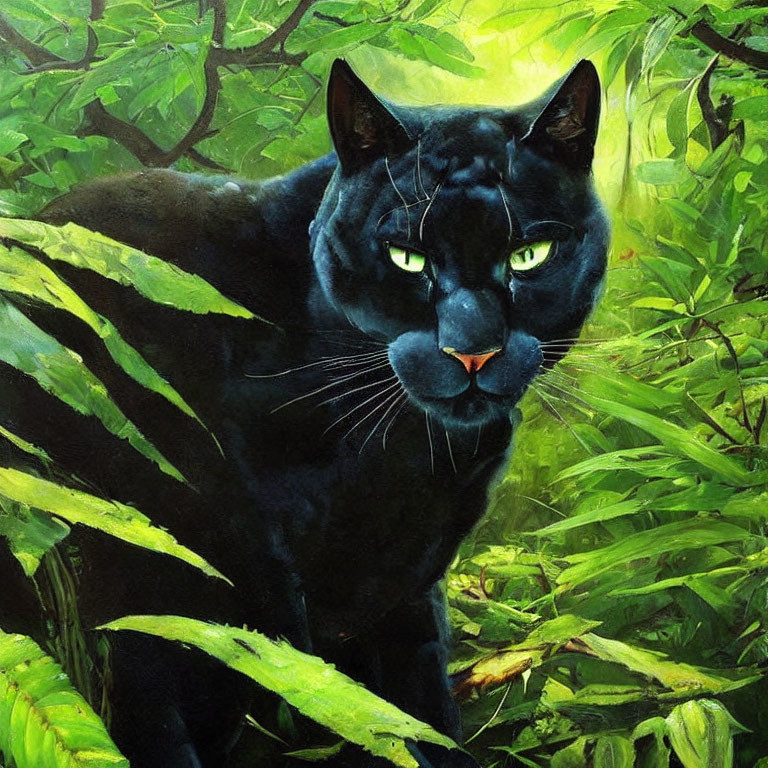 Black Panther with Green Eyes in Lush Jungle Setting