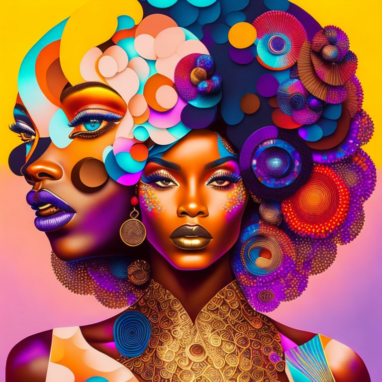 Colorful Illustration of Two Stylized Women with Elaborate Hairstyles