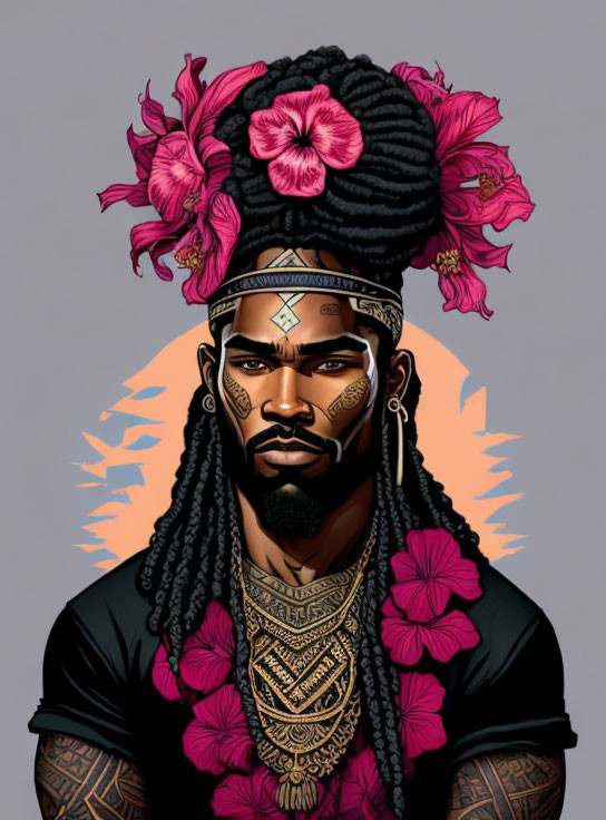 Man with Floral Crown and Tattoos in Sunset Illustration