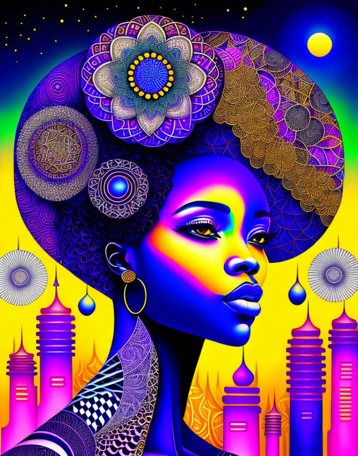 Vibrant digital art: Woman with intricate hair patterns amid celestial and architectural backdrop