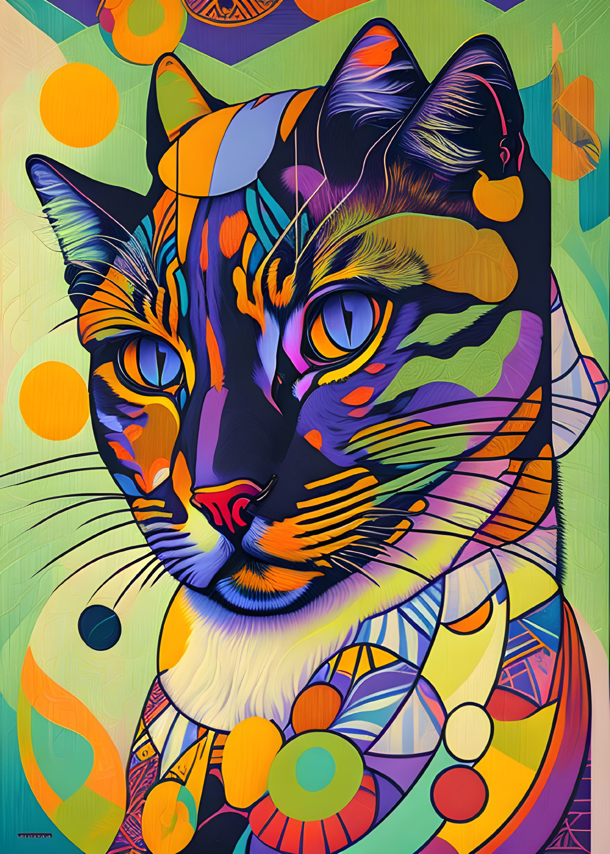 Vibrant cat illustration with geometric patterns in purple, orange, yellow, and green