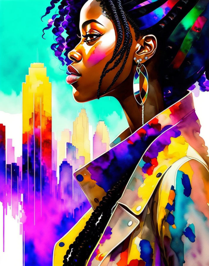 Colorful abstract cityscape background with vibrant woman portrait