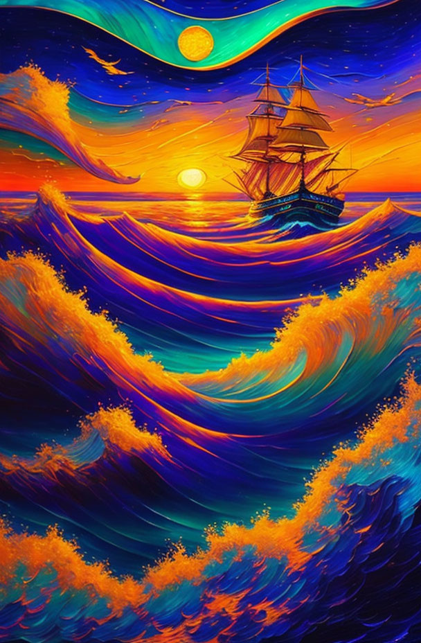 Colorful painting of ship on stormy waves under night sky