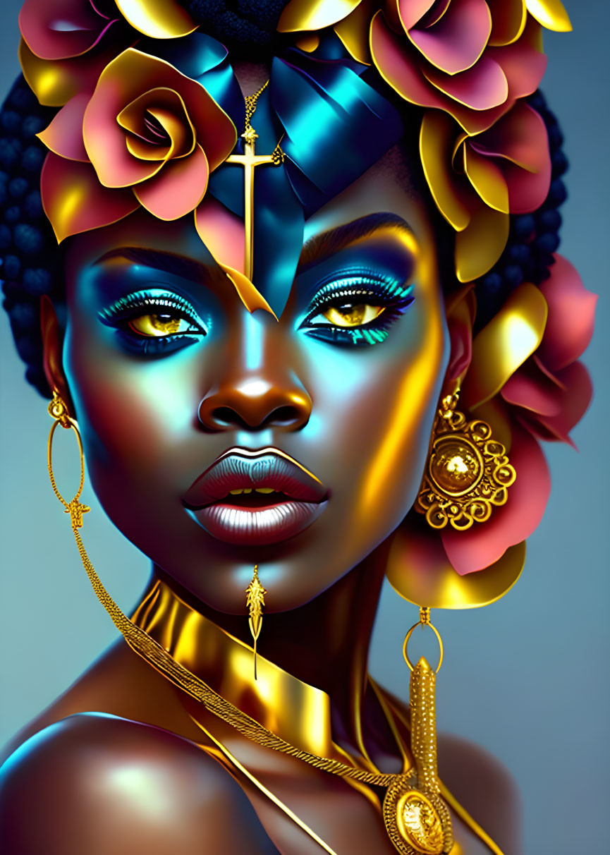 Colorful floral headpiece and vibrant makeup on woman in digital portrait