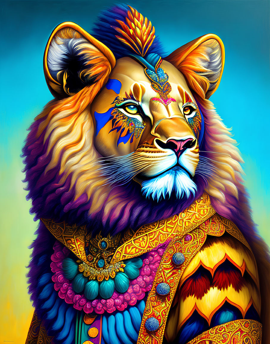 Regal lion with intricate patterns on vibrant background