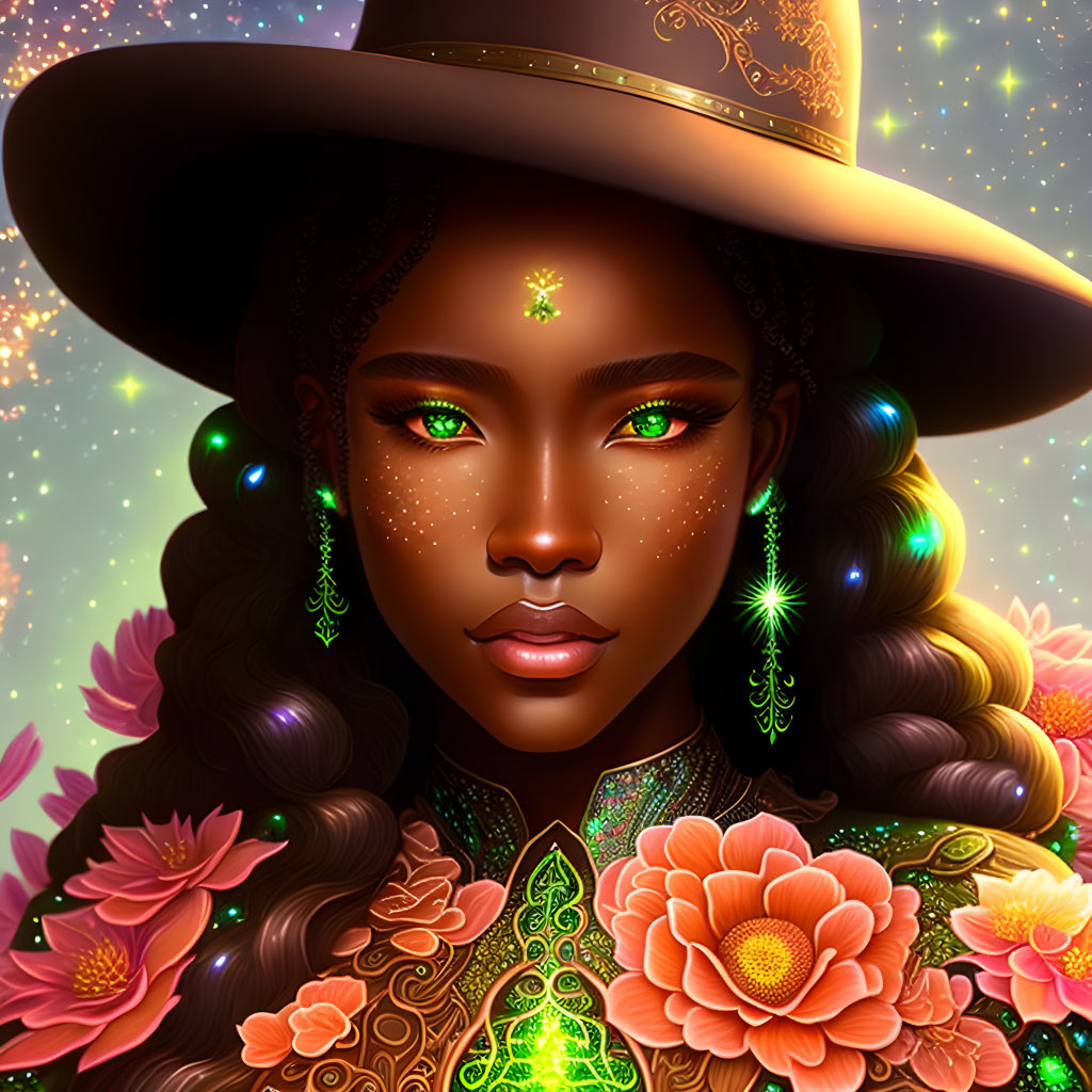 Digital artwork features woman with green eyes in wide-brimmed hat and green jewelry against starry background