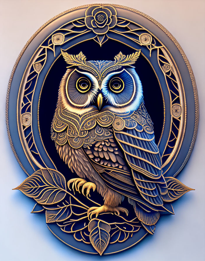 Detailed Owl Illustration with Gold and Blue Patterns in Circular Ornate Border