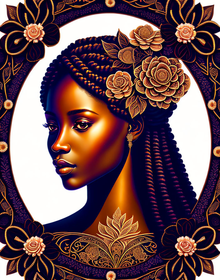 Detailed African woman illustration with braids & floral adornments in ornate circular frame.