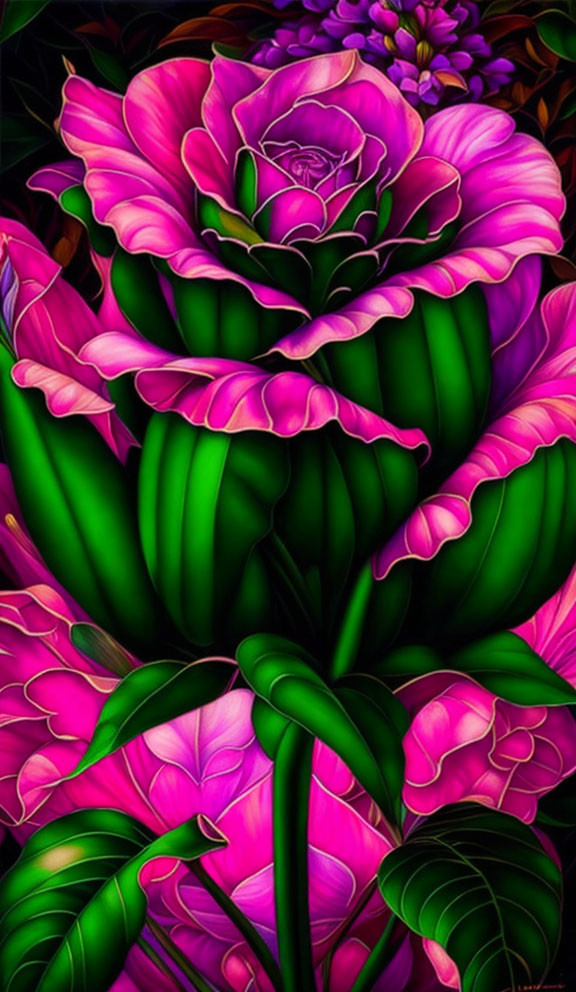 Colorful digital artwork: Pink and green stylized flowers with intricate petals and leaves