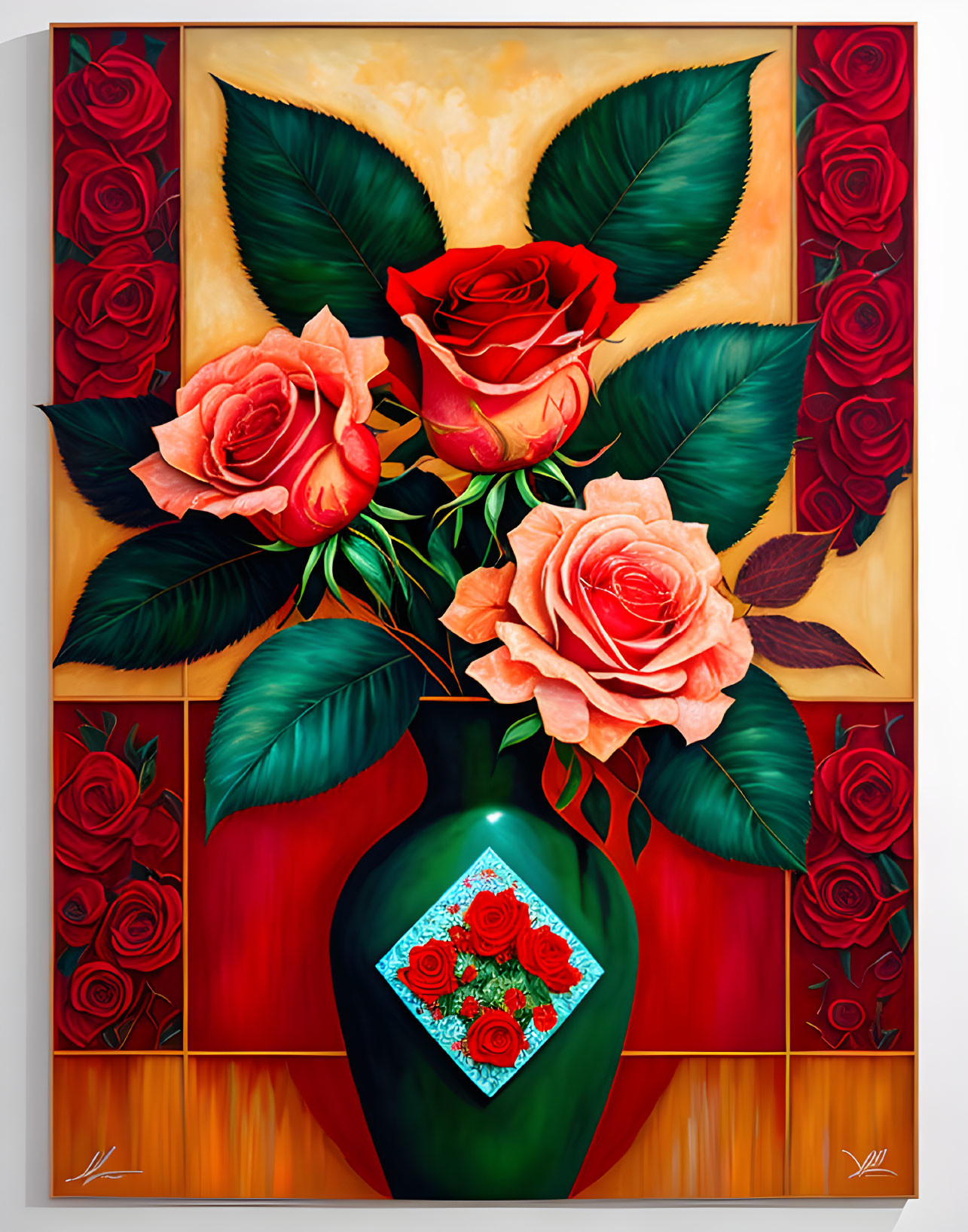 Colorful Painting of Red Roses in Green Vase on Warm Background