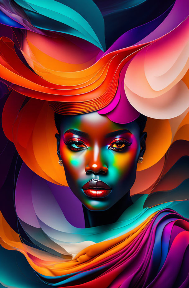 Colorful digital artwork of woman with swirling shapes for surreal effect