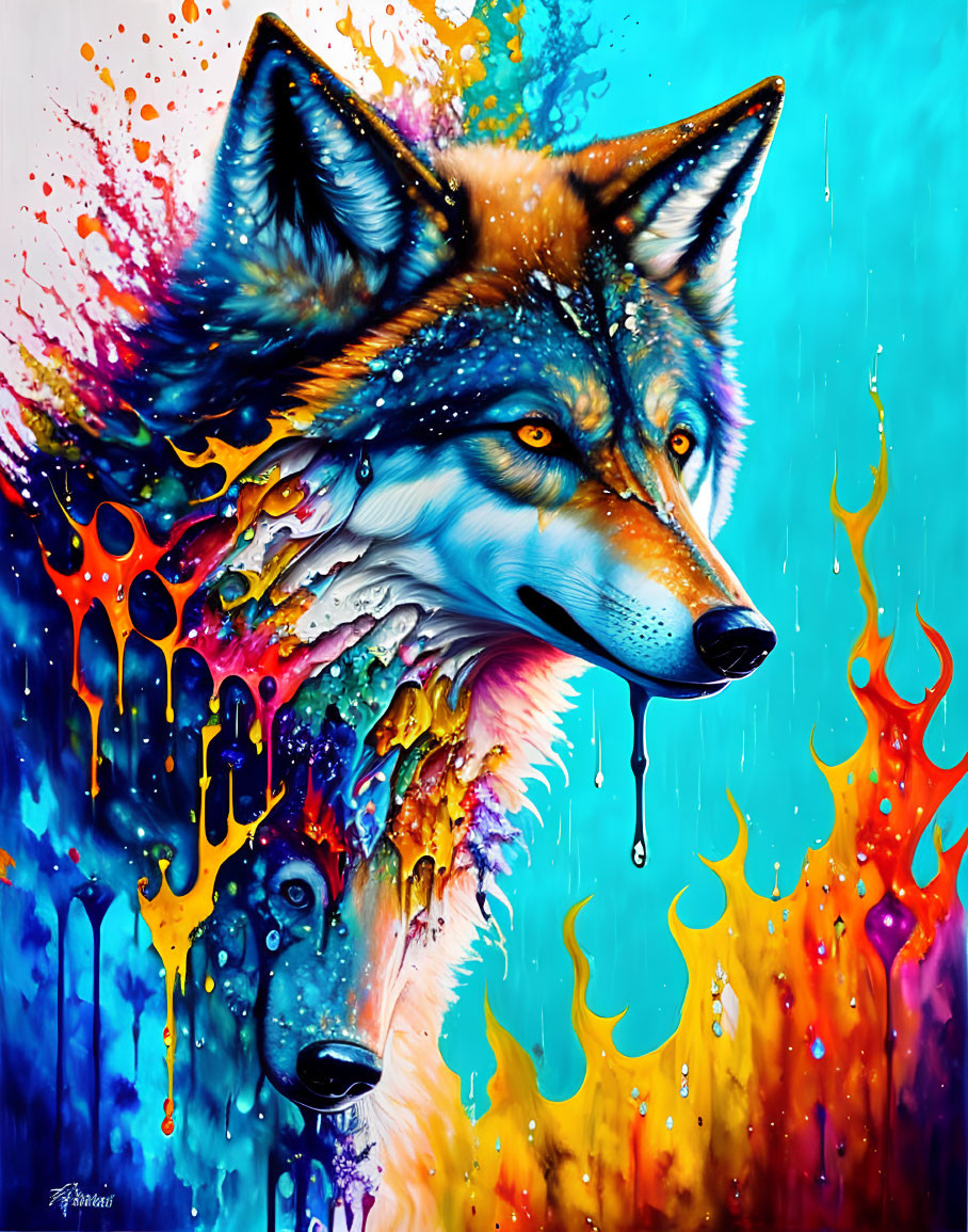 Colorful Wolf Painting with Dripping Paint Effect