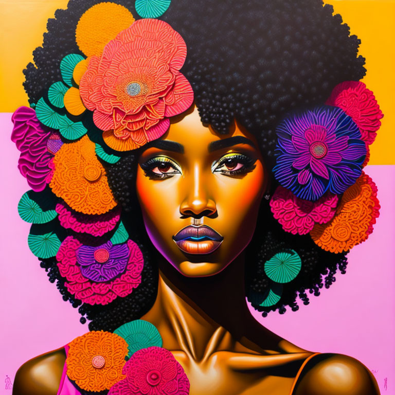 Colorful painting of woman with afro and oversized flowers on yellow background