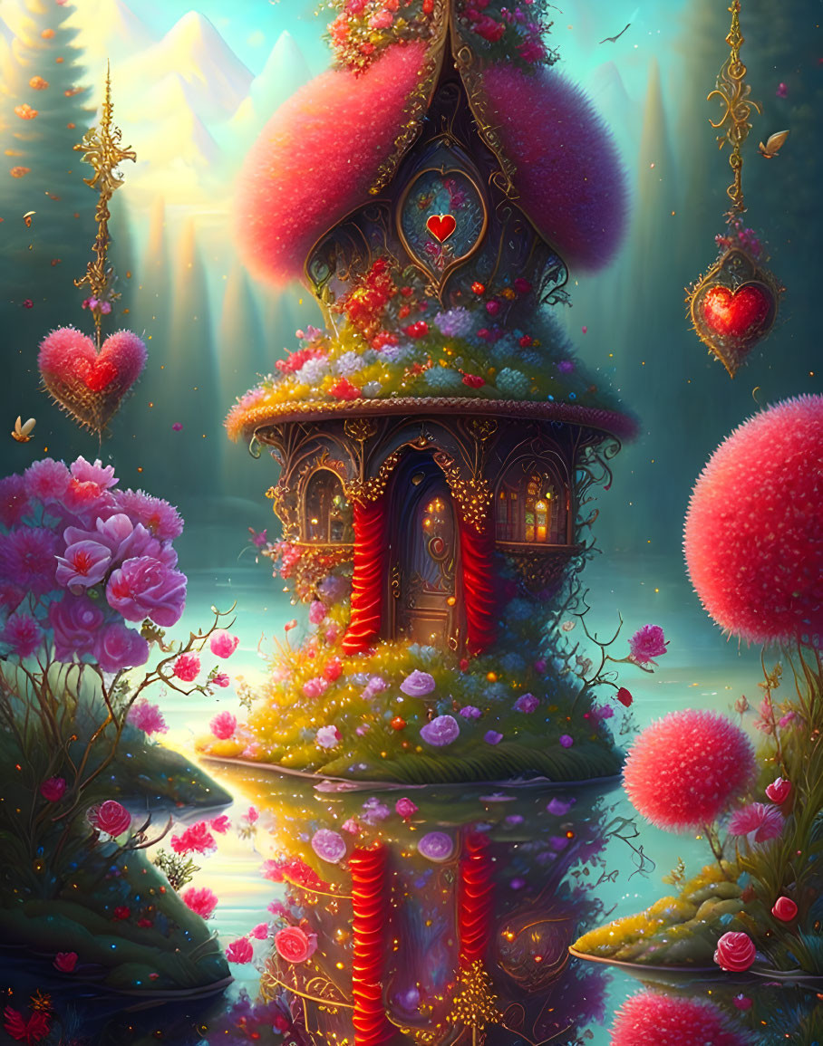 Fantasy treehouse with flowers and heart-shaped decorations in mystical forest landscape