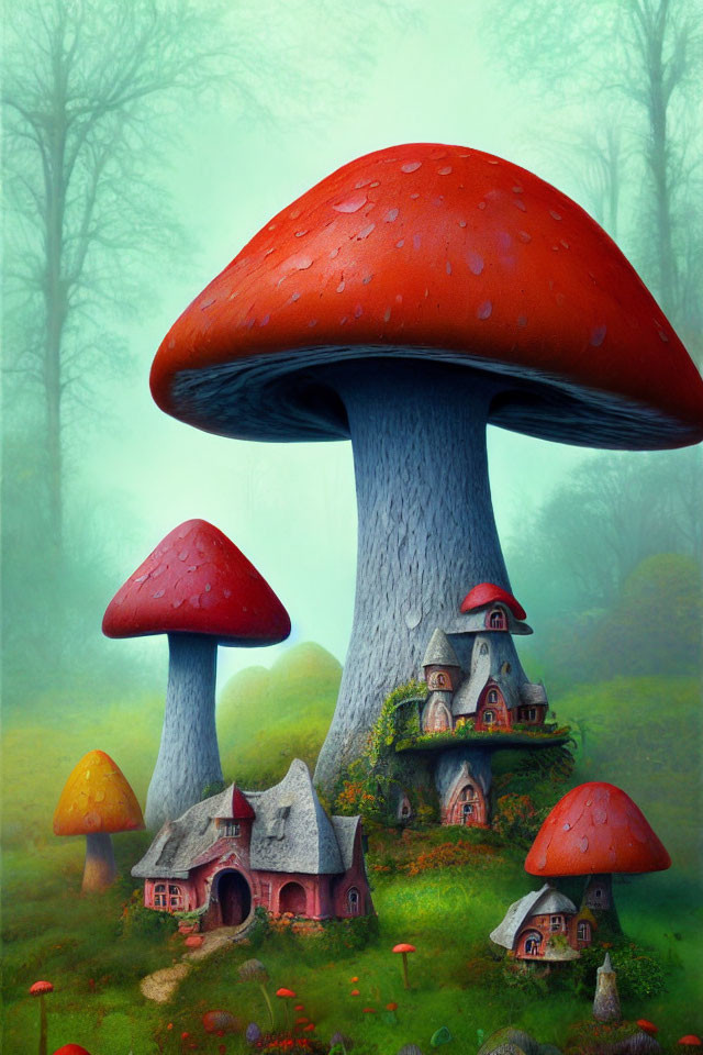 Enchanted forest fantasy illustration with oversized red-capped mushrooms.