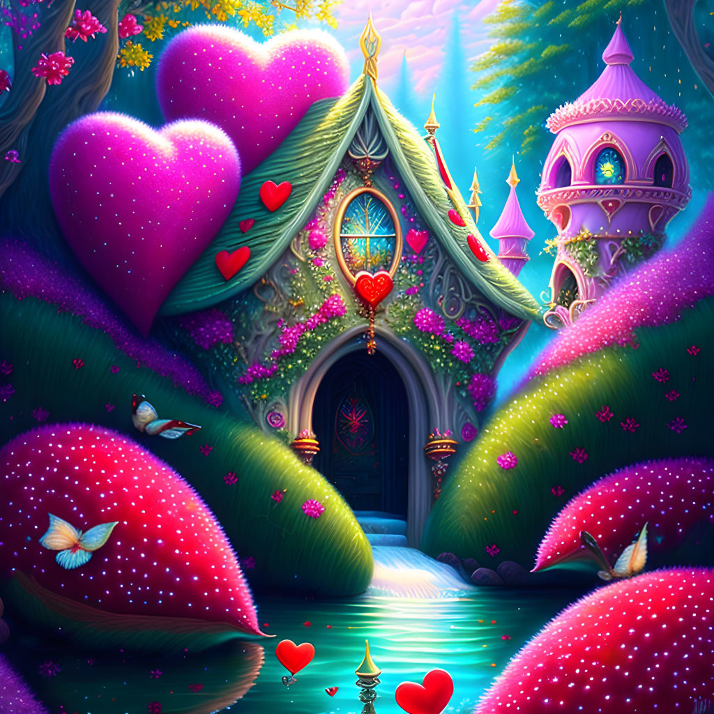 Colorful fantasy landscape with heart-shaped trees, cozy house, butterflies, and castle