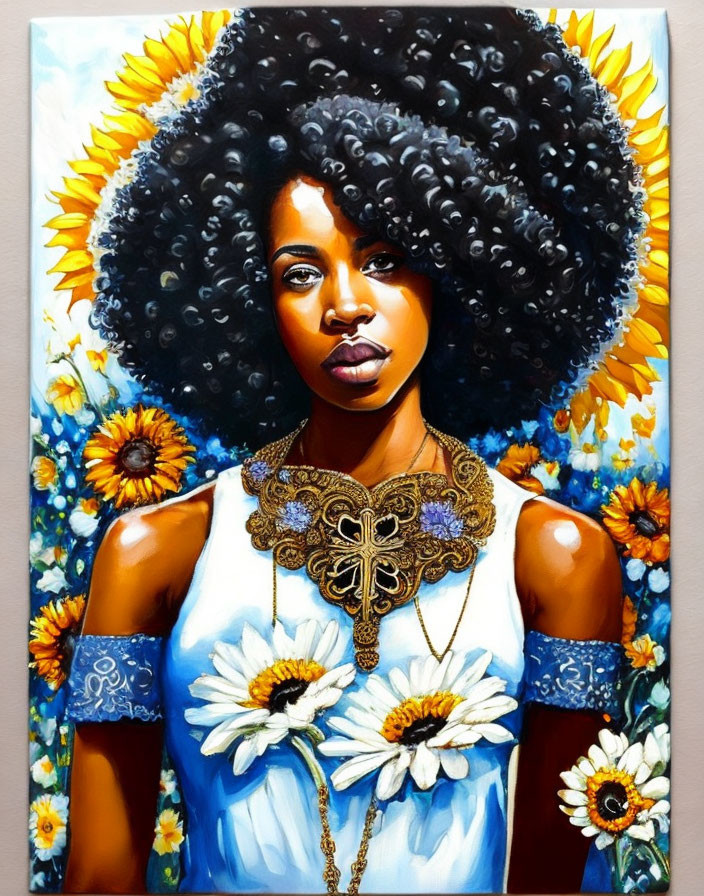 Colorful painting: Woman with afro in sunflower field wearing blue dress