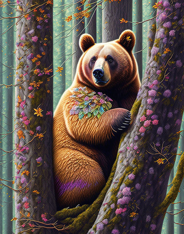 Colorful forest scene: Bear hugging tree amidst falling leaves & flowers