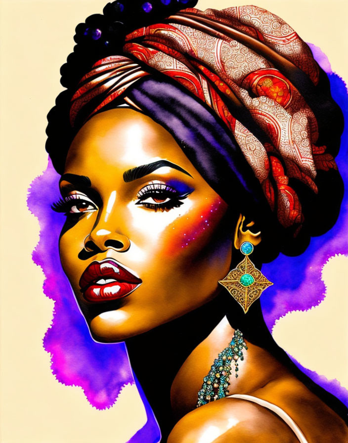 Vibrant woman with colorful headscarf, bold makeup, and intricate jewelry