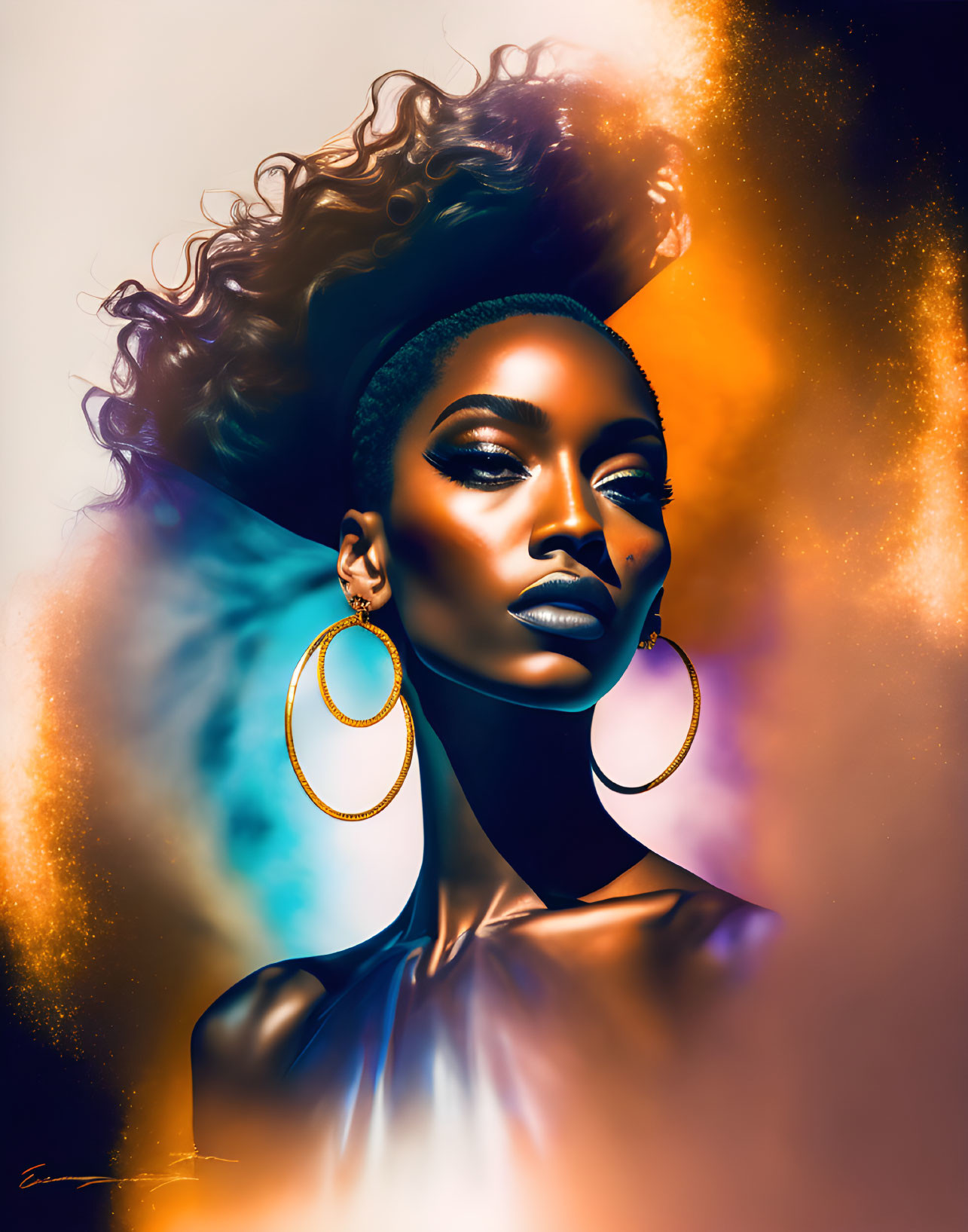 Vibrant digital portrait of woman with bold makeup and hoop earrings