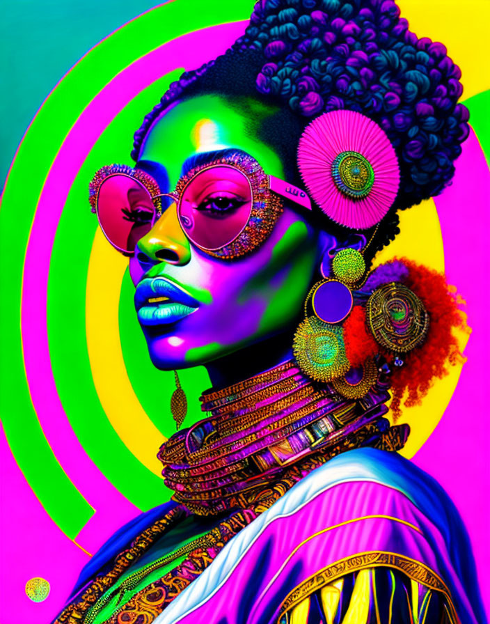 Colorful Portrait of Woman with Heart-Shaped Sunglasses on Neon Background