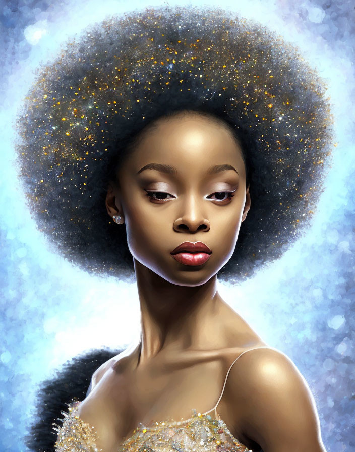 Starry afro hairstyle woman in golden dress on blue background