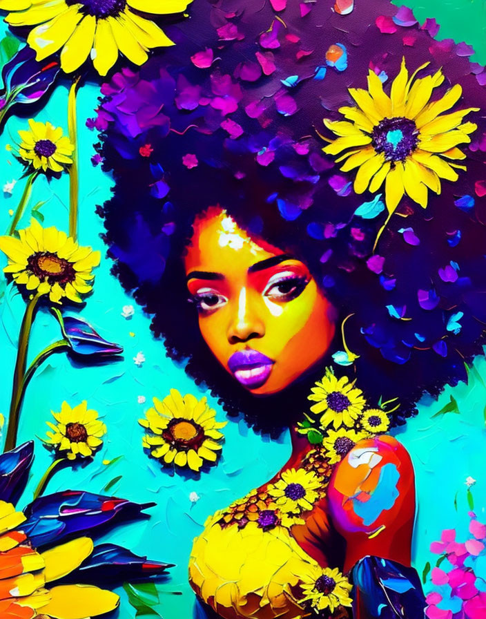 Colorful woman with floral afro on teal background