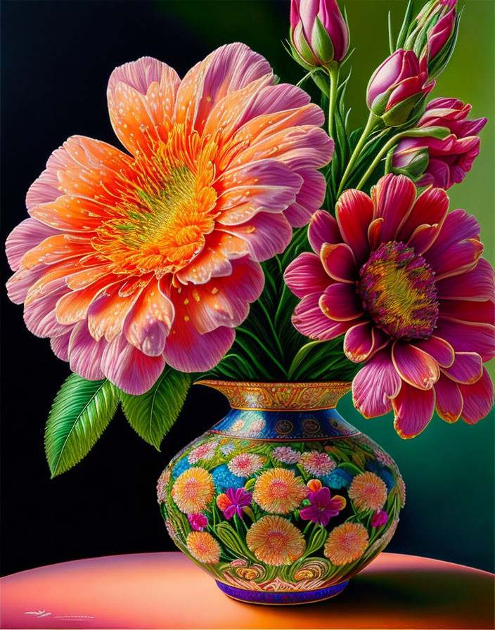 Colorful Peony Bouquet in Decorative Vase on Dark Background