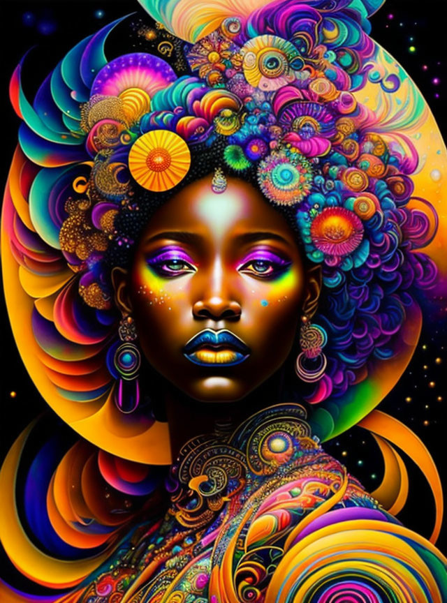 Colorful Psychedelic Woman Artwork with Floral Patterns on Dark Background