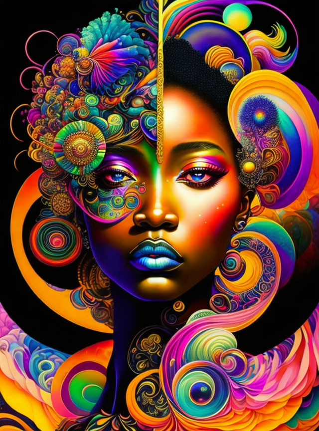 Colorful digital artwork: Woman with intricate patterns on black background