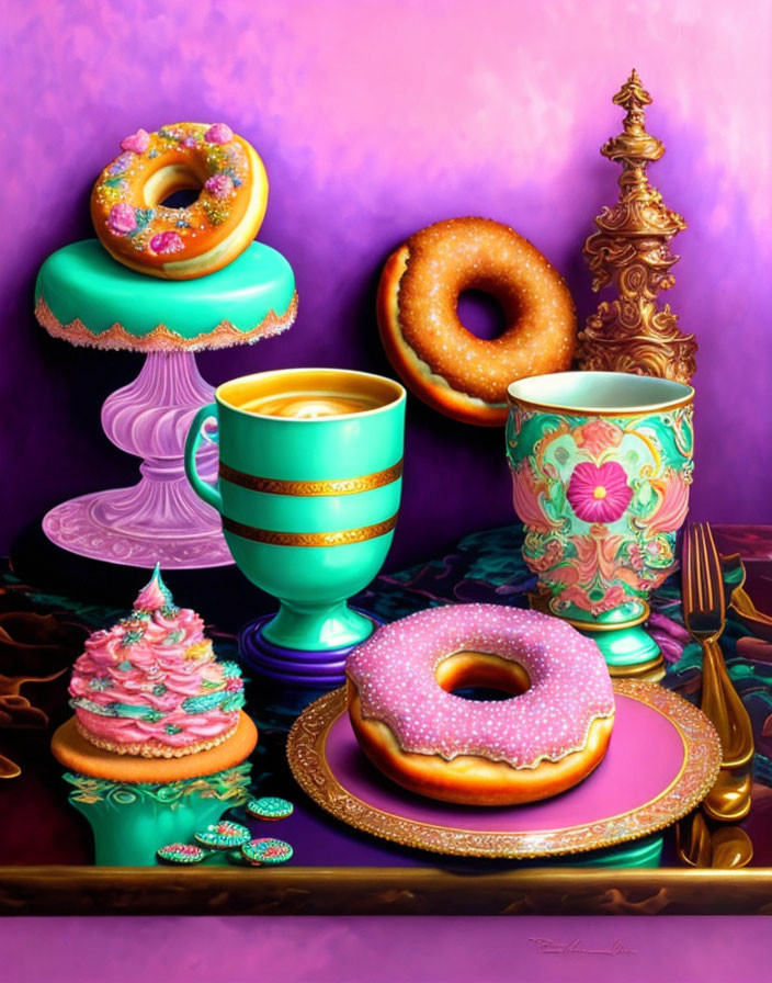 Colorful Still Life with Donuts, Cupcake, Coffee Cups, and Tableware on Purple Surface