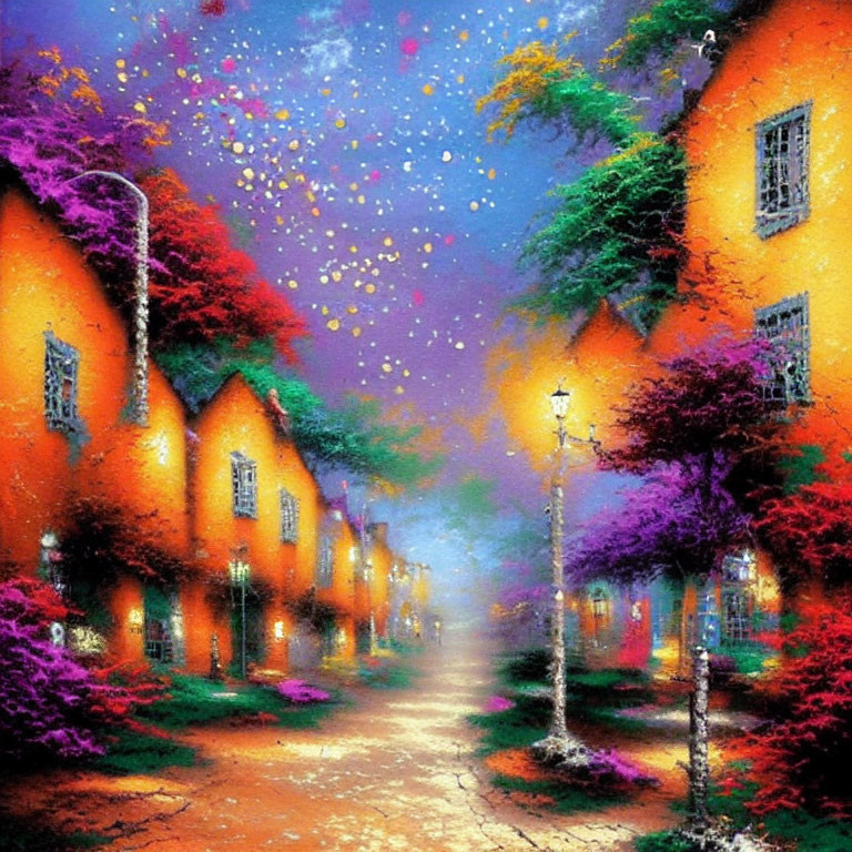 Colorful Illuminated Street Scene Under Starry Night Sky