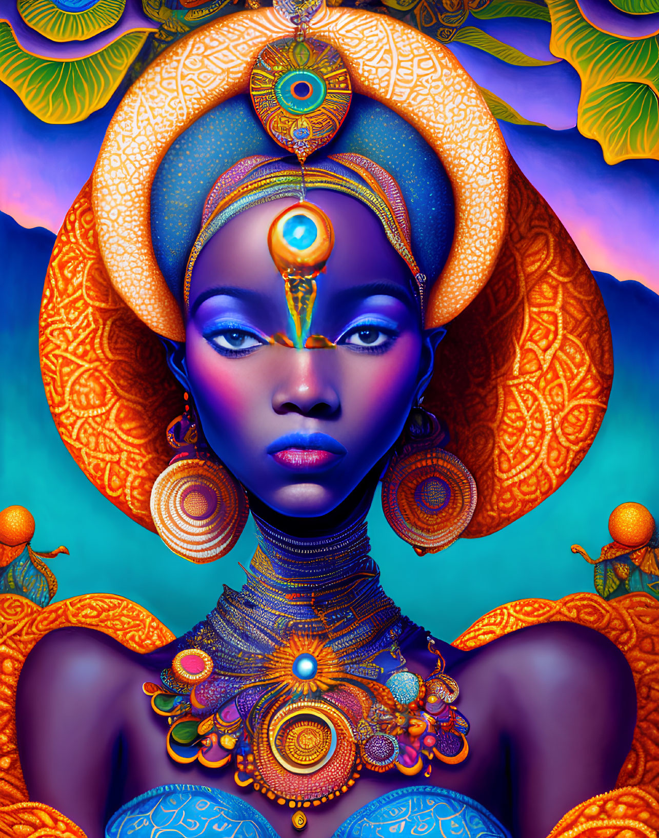 Colorful digital artwork of a woman with intricate jewelry and headdress