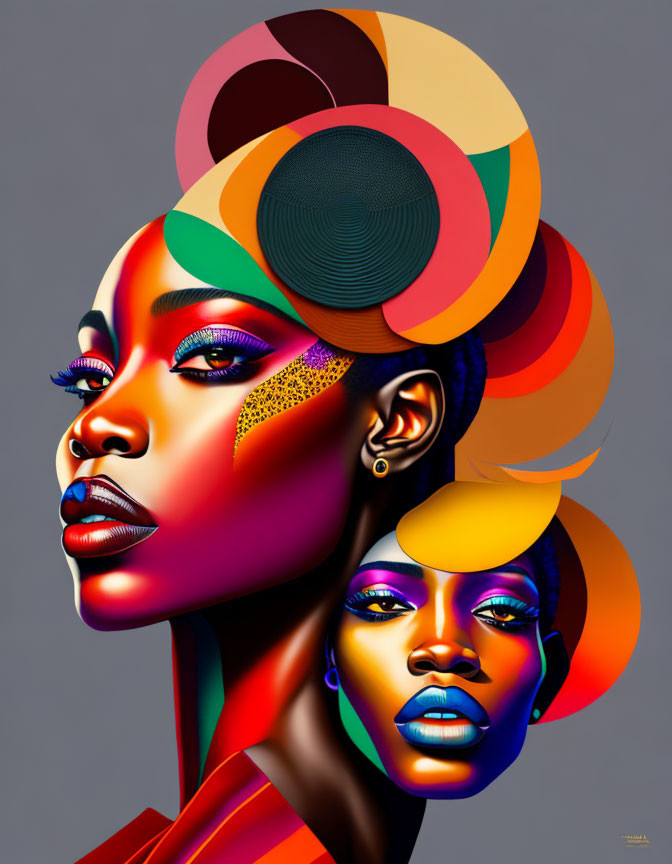 Colorful dual-face digital artwork with stylized female portraits