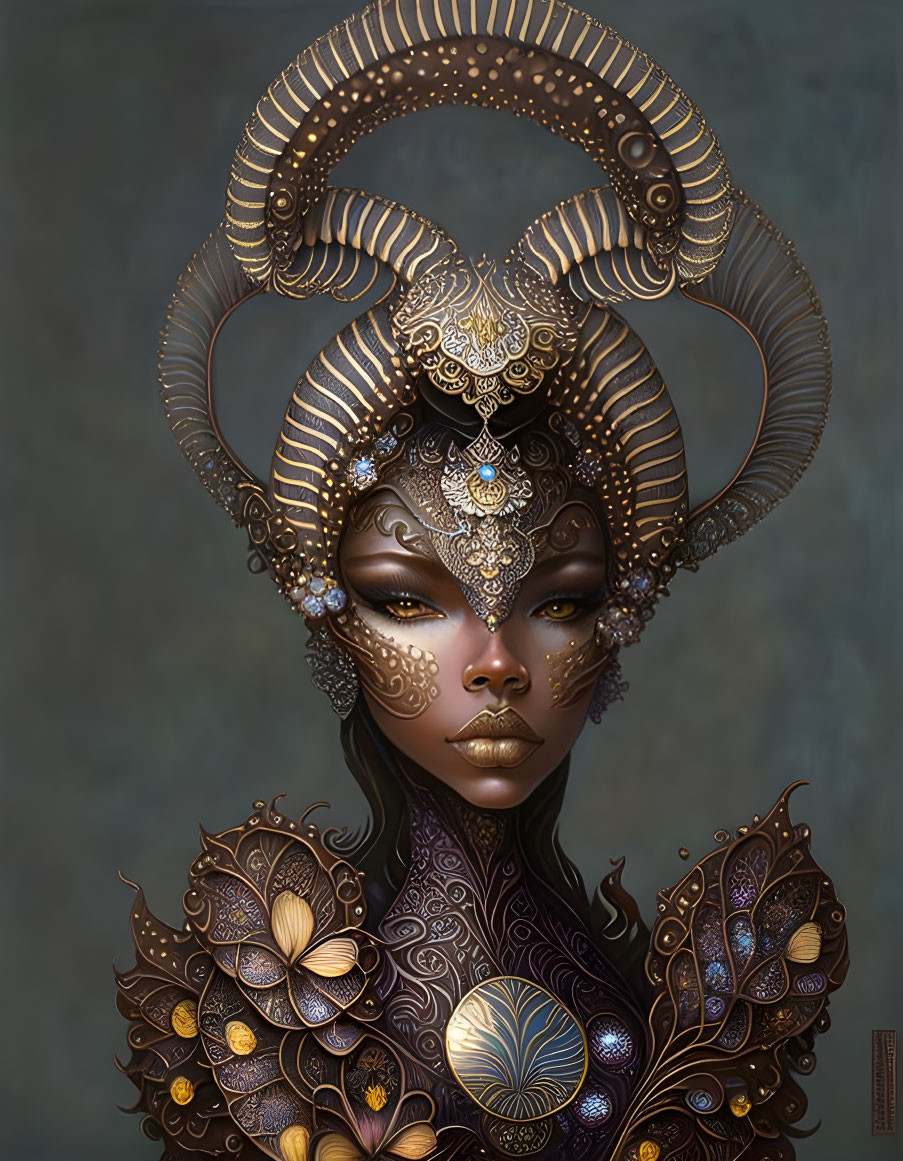 Intricate digital portrait of woman with golden ram horns and ornate armor