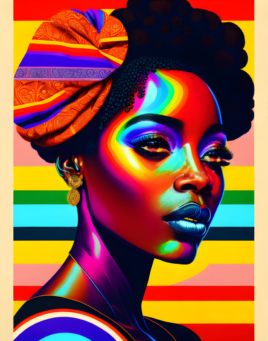 Colorful digital portrait of a woman with headscarf and rainbow face on multicolored background