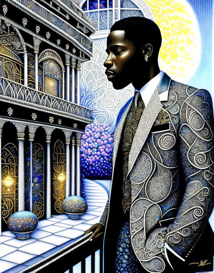 Stylized portrait of a man in patterned suit with moonlit fantasy architecture.