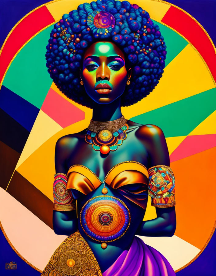 Colorful portrait of woman with elaborate afro and beads against geometric background