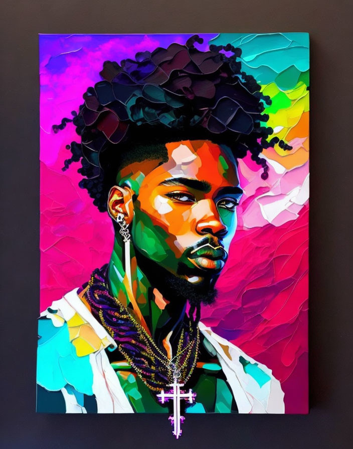 Colorful portrait of a man with afro, beard, and cross pendant on abstract background