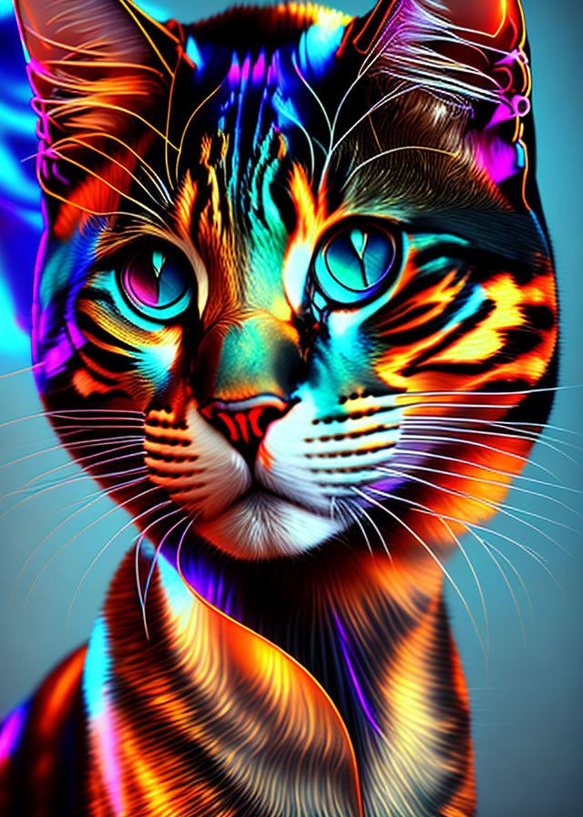 Colorful neon cat art with glowing contours and blue eyes